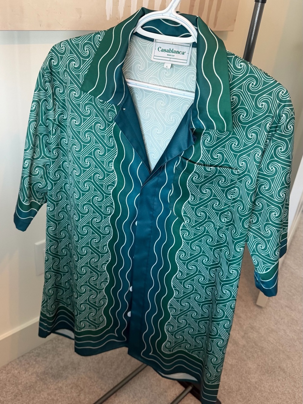 Casablanca Teal Wave-Pattern Short-Sleeve Button-Down Shirt